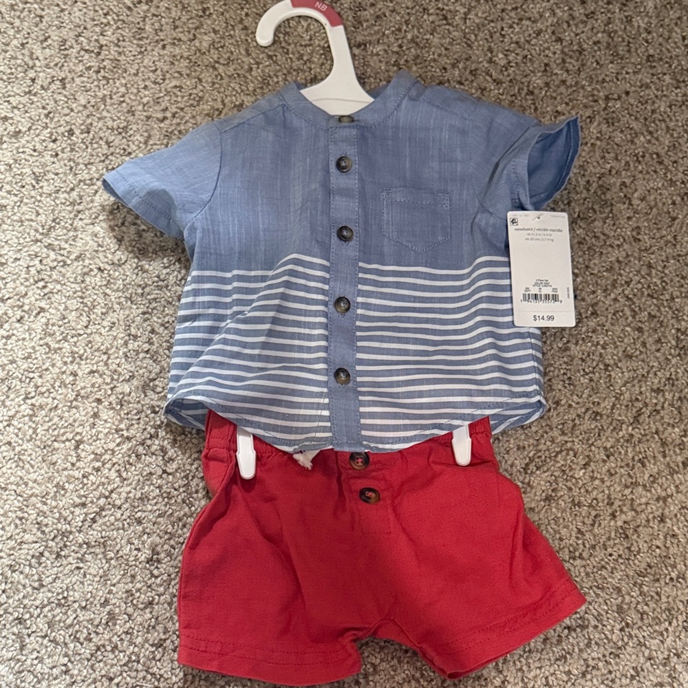 Blue Striped Shirt and Red Shorts Set